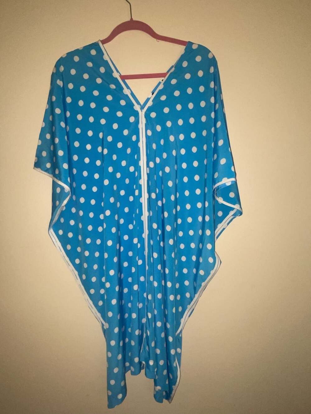Blue and White Polka Dot V-Neck Kaftan Poncho Cover-Up